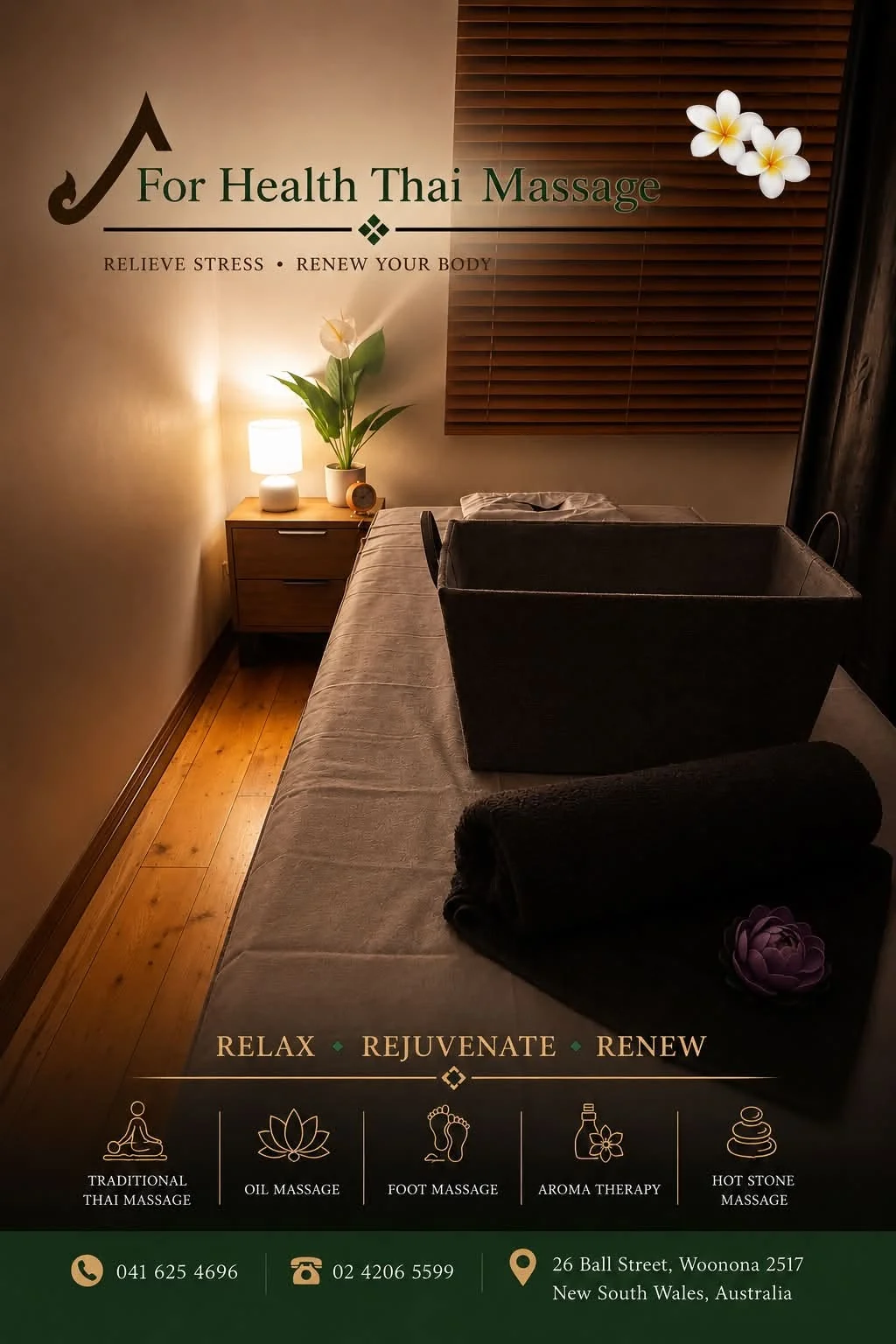 Treatment room at For Health Thai Massage Woonona